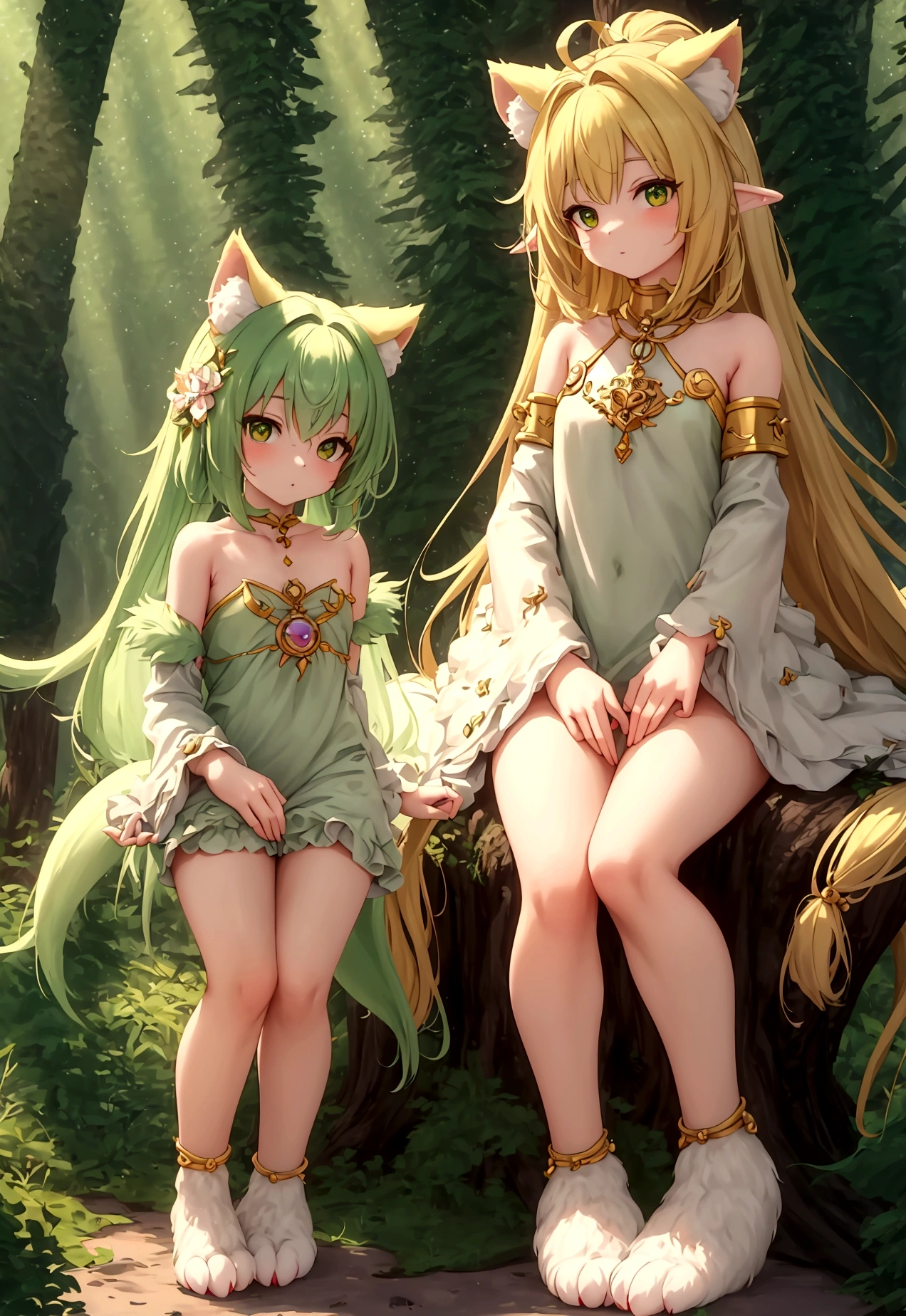 Highest quality, masterpiece, Ultra-high resolution, Fluffy fur overall, tail, limbs are short , Detailed hands, Detailed feet, Detailed fingers, Fairy, Anime Style, The hair tips are light green, Small enough to sit on an adult&#39;s shoulders, Sunlight filtering through the trees, Fantasy, in the forest, on the stump, Are standing, looking at the camera, Hairy, small耳, Mascot character, animal, small