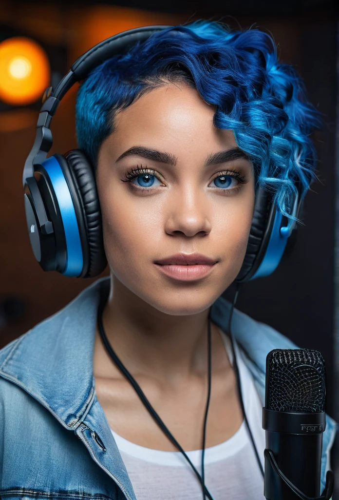 beautiful biracial woman, recording studio, black headphones, microphone, blue hair, blue eyes, 8k, portrait, masterpiece, ultra-detailed, cinematic lighting, dramatic colors, warm tones, dynamic pose, looking at camera, focused expression
