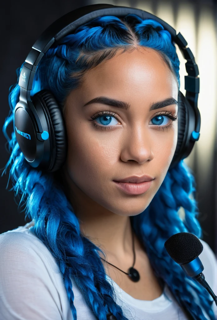 beautiful biracial woman, recording studio, black headphones, microphone, blue hair, blue eyes, 8k, portrait, masterpiece, ultra-detailed, cinematic lighting, dramatic colors, warm tones, dynamic pose, looking at camera, focused expression
