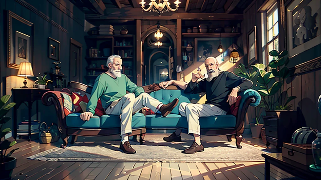 ((best quality)), ((masterpiece)), (detailed), 1 blond girl, 1 old muscle old man with beard, sitting on sofa and talking, funny atmosphere