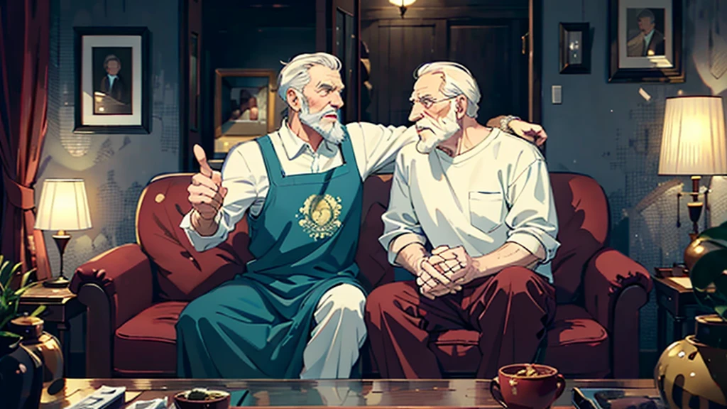 ((best quality)), ((masterpiece)), (detailed), 1 blond girl, 1 old muscle old man with beard, sitting on sofa and talking, funny atmosphere