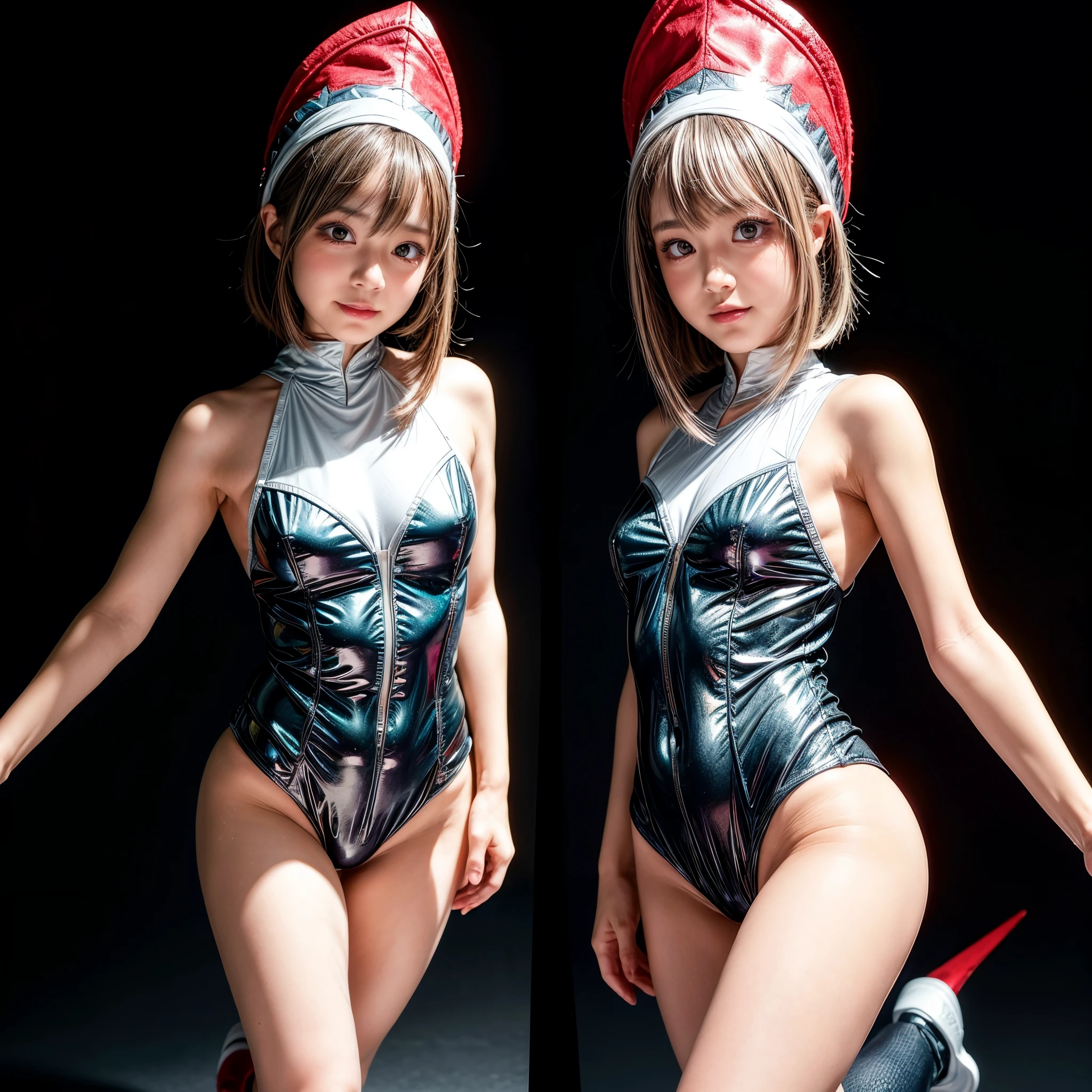 ((Skinny Shark BodySuit, (Stuffed shark head hat)with White Teeth)), 8k, High-level, absurd, masterpiece, best quality, primitive, very detailed CG, very detailed wallpaper, perfect lighting, Extremely detailed ((( personifying " Shark" as a ))), MysticSight, Tyndall effect, Tyndall scattering, (Studio gray background with (Overflowing oodles Dazzling RainbowColorParticles (BokeH))), (Blood Red short hair, RoundlyButts, Leg Fins installed), (Exposed:0.4), (Assfocus with looking ahead) BREAK (Acutance:0.88), (NOGIZAKA face variations) Extremely Detailed very KAWAII face variations, perfect anatomy, Childish, CaptivatingGaze ElaboratePupils detailed Eyes with (sparkling highlights:1.28), (Voluminous LongEyelashes:0.88)、GlossyRED Lips with beautiful details, RosyCheeks, Radiant PearlSkin with Transparency . { (Dynamic LifeLike expressions:1.4) | (:d) }, (large eyes:-1) . ((animal ears:-1.2))