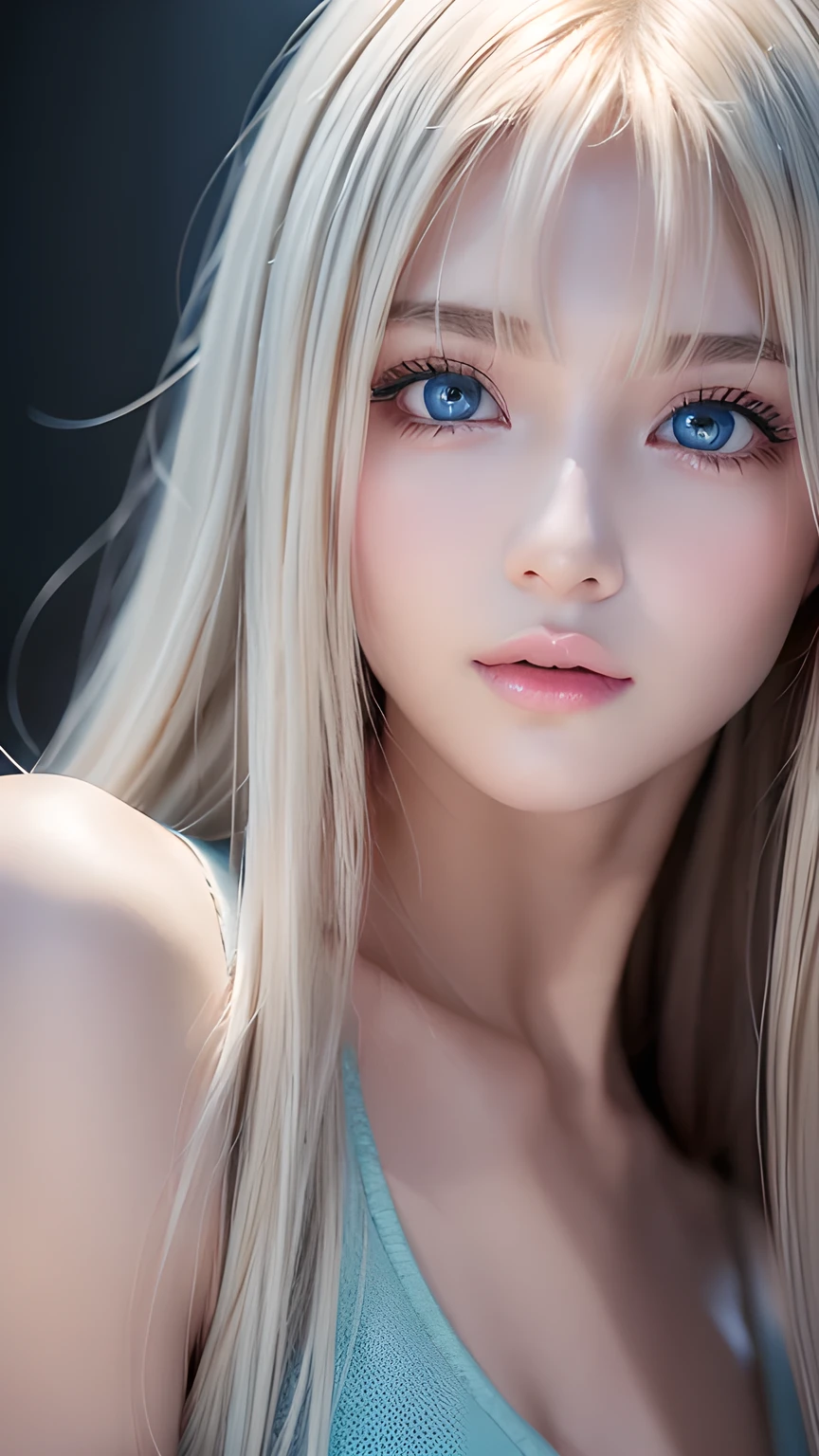 Dressed、(Photorealistic:1.4)、(ハイパーRealistic:1.4)、(Realistic:1.3)、(Smooth lighting:1.05)、(Improved cinematic lighting quality:0.9)、32k、1 Girl、Very cute expression、A beautiful  blonde girl、bangs that fall on the face、Bangs left over the eyeessy bangs between the eyes and nose、Realistic top lighting、Backlight、Face Light、Super long silky platinum hair、Blonde rays、(Bright light:1.2)、(quality improvement:1.4)、(Highest quality realistic textured skin:1.4)、Very beautiful, detailed, shiny, very bright, mint blue, large eyes、Very big eyes、Detailed face、A careful eye for quality、(Tired, sleepy and satisfied: 0.0)、Face close up、T-Shirts、(Enhances the body line:1.1)、(Enhances the beauty of skin texture:1.1)、Cheek gloss highlighter、Small Face Beauty、Round face