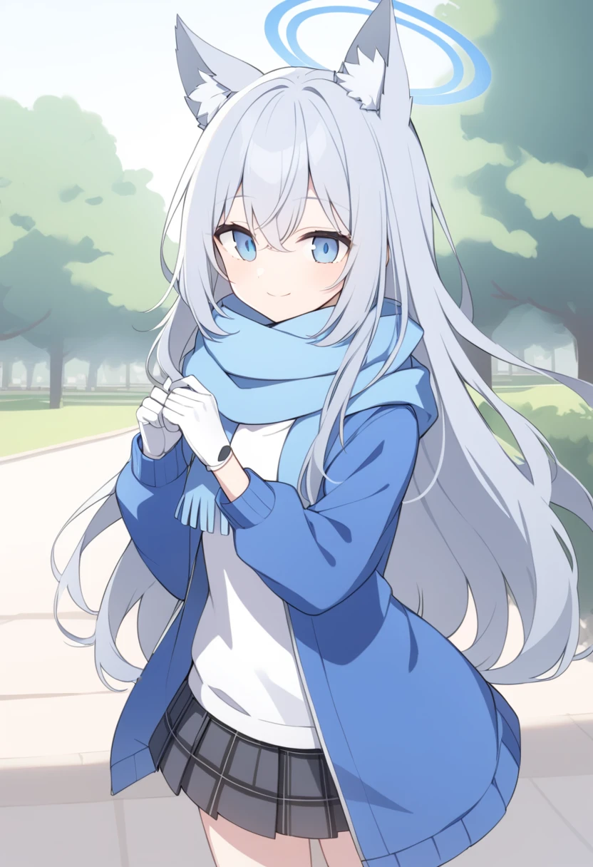 girl,Silver long hair, blue eyes, Wearing a blue hooded jacket,戴着Blue hood,A sky blue scarf, A white T-shirt, White gloves, And black plaid skirt, Standing in the park,Smile, blue halo,Blue hood,戴着Blue hood,Gray wolf ears