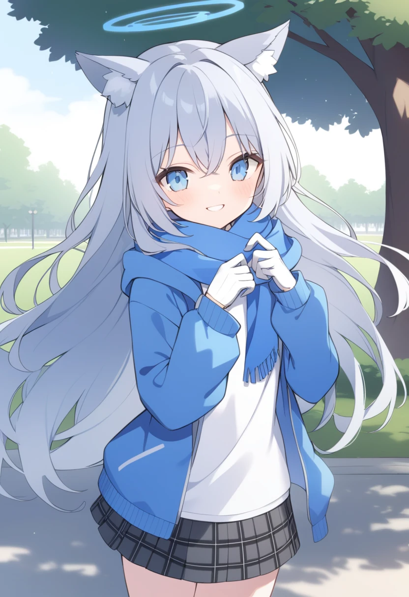 girl,Silver long hair, blue eyes, Wearing a blue hooded jacket,戴着Blue hood,A sky blue scarf, A white T-shirt, White gloves, And black plaid skirt, Standing in the park,Smile, blue halo,Blue hood,戴着Blue hood,Gray wolf ears