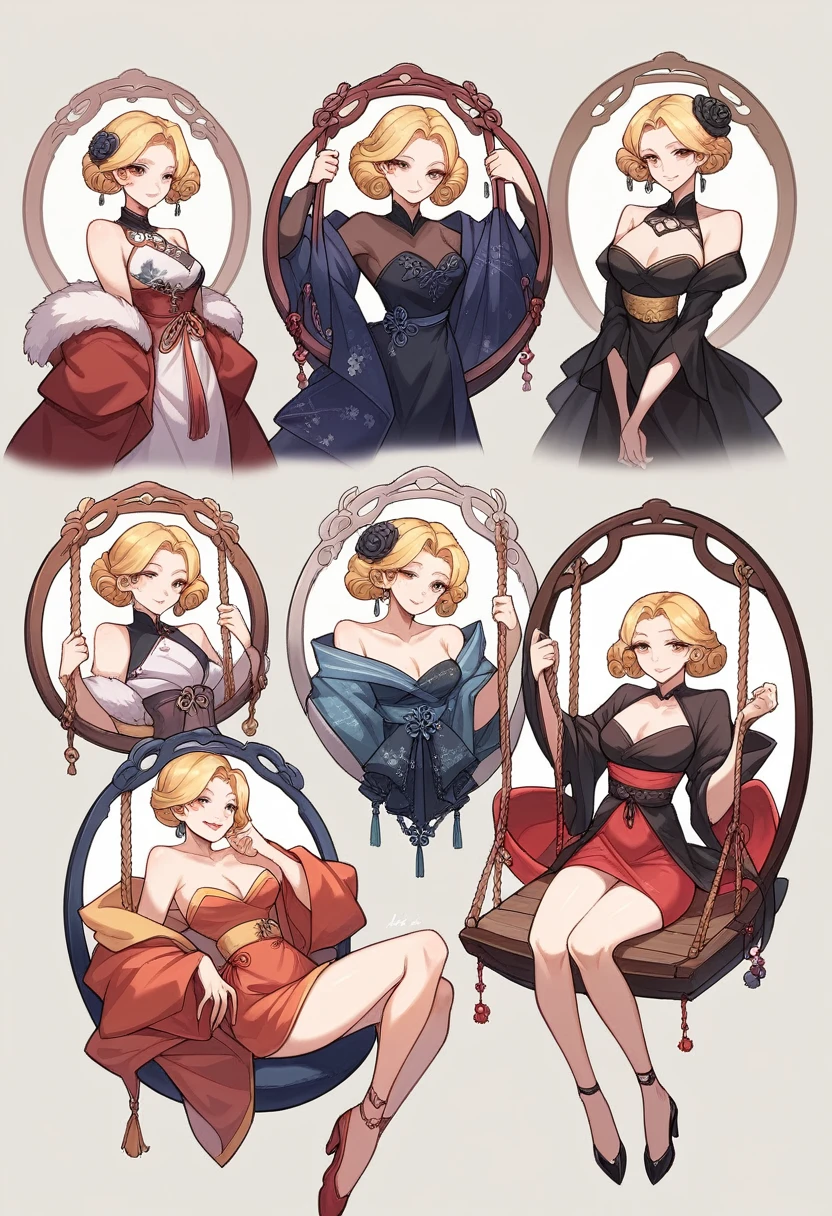 whole body, Shot from random angles, Chinese Beauty, Random Scenes, group photo, elegant, dignified, Slim, Slim waist, curls, Period clothing, Hanfu, Tang Suit, Off-shoulder, Chinese, Floral, pattern, High waist, Beautiful belt, warm light, Warm colors slender legs, night, moonlight, Sitting on the swing, swing, warm light, Warm colors, Dynamic poses, elegant posture, blond, Striped hair, Hair accessories, Heart-shaped pupil, cosmetic, A faint smile, Shy, Licking lips, Social realism, Chiaroscuro, Motion Blur, comfort, Sony FE GM, Ultra HD, masterpiece, Textured Skin, Super Detail, Best quality