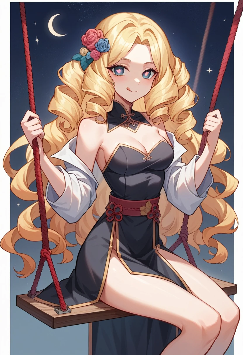 whole body, Shot from random angles, Chinese Beauty, Random Scenes, group photo, elegant, dignified, Slim, Slim waist, curls, Period clothing, Hanfu, Tang Suit, Off-shoulder, Chinese, Floral, pattern, High waist, Beautiful belt, warm light, Warm colors slender legs, night, moonlight, Sitting on the swing, swing, warm light, Warm colors, Dynamic poses, elegant posture, blond, Striped hair, Hair accessories, Heart-shaped pupil, cosmetic, A faint smile, Shy, Licking lips, Social realism, Chiaroscuro, Motion Blur, comfort, Sony FE GM, Ultra HD, masterpiece, Textured Skin, Super Detail, Best quality