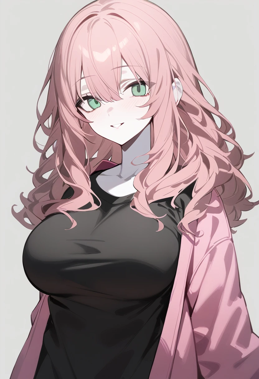 1 girl, alone, adolescent, pink fur, broad, messy hair, wavy coat, long bangs, pale skin, green eyes, big breasts, large eyes, SMILE, stoic, standing, (Long black t-shirt, pink jacket), (Gray background, simple background), Upper part of the body, Masterpiece, Best Quality, dynamic angle