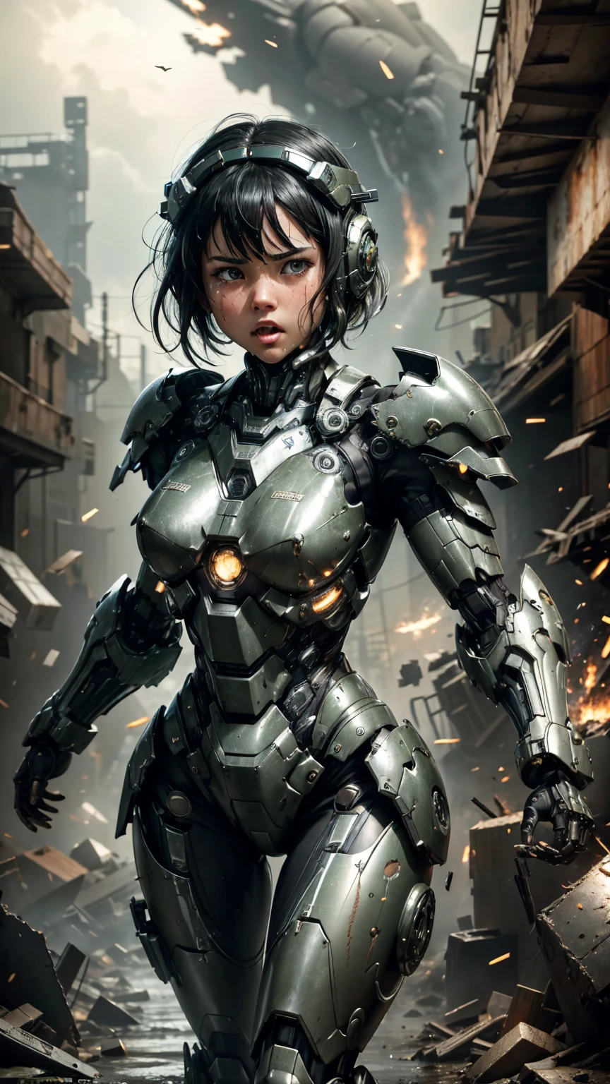Textured skin, Very detailed, Attention to detail, high quality, 最high quality, High resolution, 1080P, hard disk, beautiful,(War Machine),beautifulサイボーグ女性,Mecha Cyborg Girl,Battle Mode,Girl with a mechanical body　Black Hair　Short Hair Boyish　Dark green armor　Sweaty and wet face　(Being slammed into a wall)(Headgear breaks and flies off)　(Debris flying away)Steam coming from the head　Steam coming out of the whole body　Pained and distressed look　Please open your mouth wide　Snug-fitting headgear　Black Inner Suit　Full body portrait（front）
