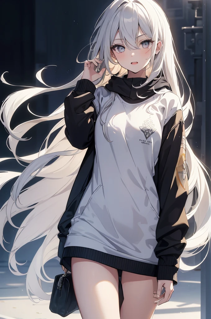 1girl, {Solitary}, Upper Body ,{{ {Watching at viewer}}}, Arms at your sides, Concept Art, white Background, simple Background, White hair, Silver gradient hair , Composite cloth, Asymmetrical clothes, Virtual YouTuber, best quality, masterpiece, Dynamic Angle, , cowboy_shooting, Watching_Back, grab, girl,Miss,woman, young,20 years old, Very long hair, Hair Flip, Silver Hair, Flowing hair, Ahog, giggle, Beautiful and delicate golden eyes, teeth, Large Breasts, Blonde eyes, White skin, hoodie, Black_shorts, Gray clothes, transparent_Background, Backlighting, absurd, high resolution, Extremely detailed,sweater,No pants