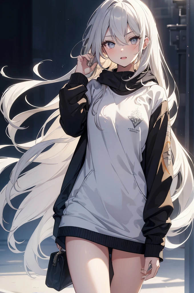 1girl, {Solitary}, Upper Body ,{{ {Watching at viewer}}}, Arms at your sides, Concept Art, white Background, simple Background, White hair, Silver gradient hair , Composite cloth, Asymmetrical clothes, Virtual YouTuber, best quality, masterpiece, Dynamic Angle, , cowboy_shooting, Watching_Back, grab, girl,Miss,woman, young,20 years old, Very long hair, Hair Flip, Silver Hair, Flowing hair, Ahog, giggle, Beautiful and delicate golden eyes, teeth, Large Breasts, Blonde eyes, White skin, hoodie, Black_shorts, Gray clothes, transparent_Background, Backlighting, absurd, high resolution, Extremely detailed,sweater,No pants