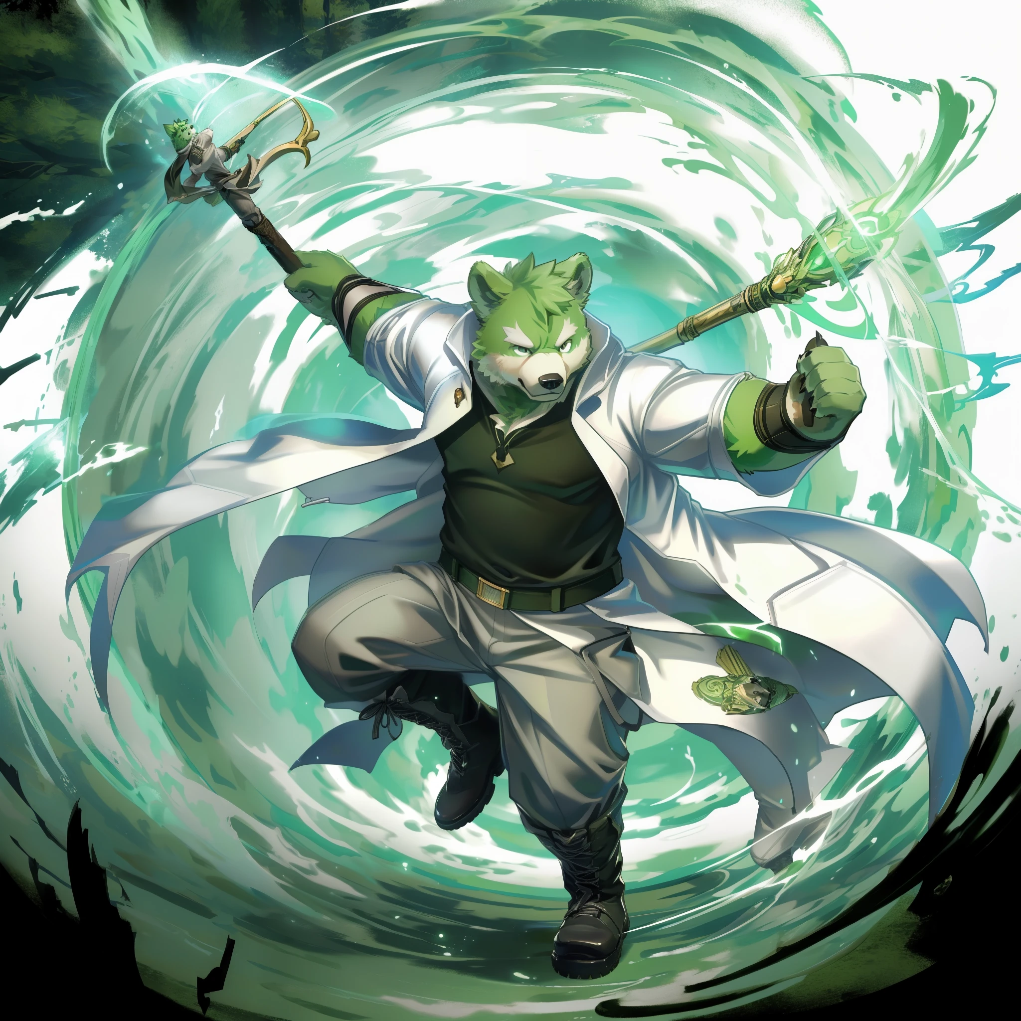 anthro, kemono, male, solo, (((anthro bear))), (((green bear))), (((green fur))), green hair, red eyes, beard, white eyebrows, mature, white background, mage staff, magic, ((((black t-shirt inside), (((white long coat unhooded))), gray trousers, military boots))), full body, splash art, (((action pose))), mage pose,