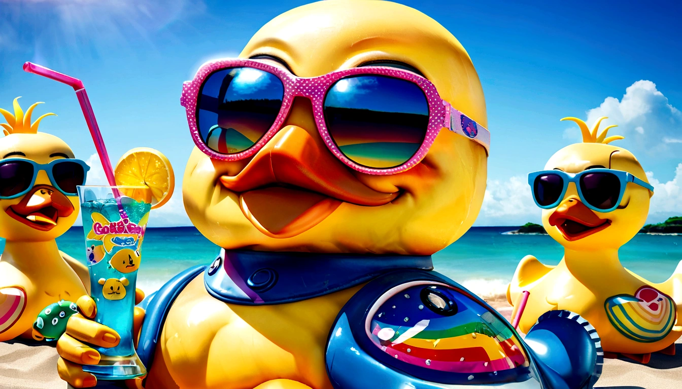 yellow rubber patos with sunglasses and a drink on a beach, lisa - franca, limão usando óculos escuros, okuda Sam Miguel, rubber pato 5, estilo Jul macho, rubber patoy, by Okuda Gensō, Assunto= pato, okuda, kathy zypato, robot shaped like a rubber pato, retrato de Lisa Frank, the macho pato