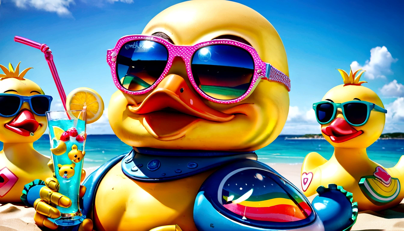 yellow rubber patos with sunglasses and a drink on a beach, lisa - franca, limão usando óculos escuros, okuda Sam Miguel, rubber pato 5, estilo Jul macho, rubber patoy, by Okuda Gensō, Assunto= pato, okuda, kathy zypato, robot shaped like a rubber pato, retrato de Lisa Frank, the macho pato