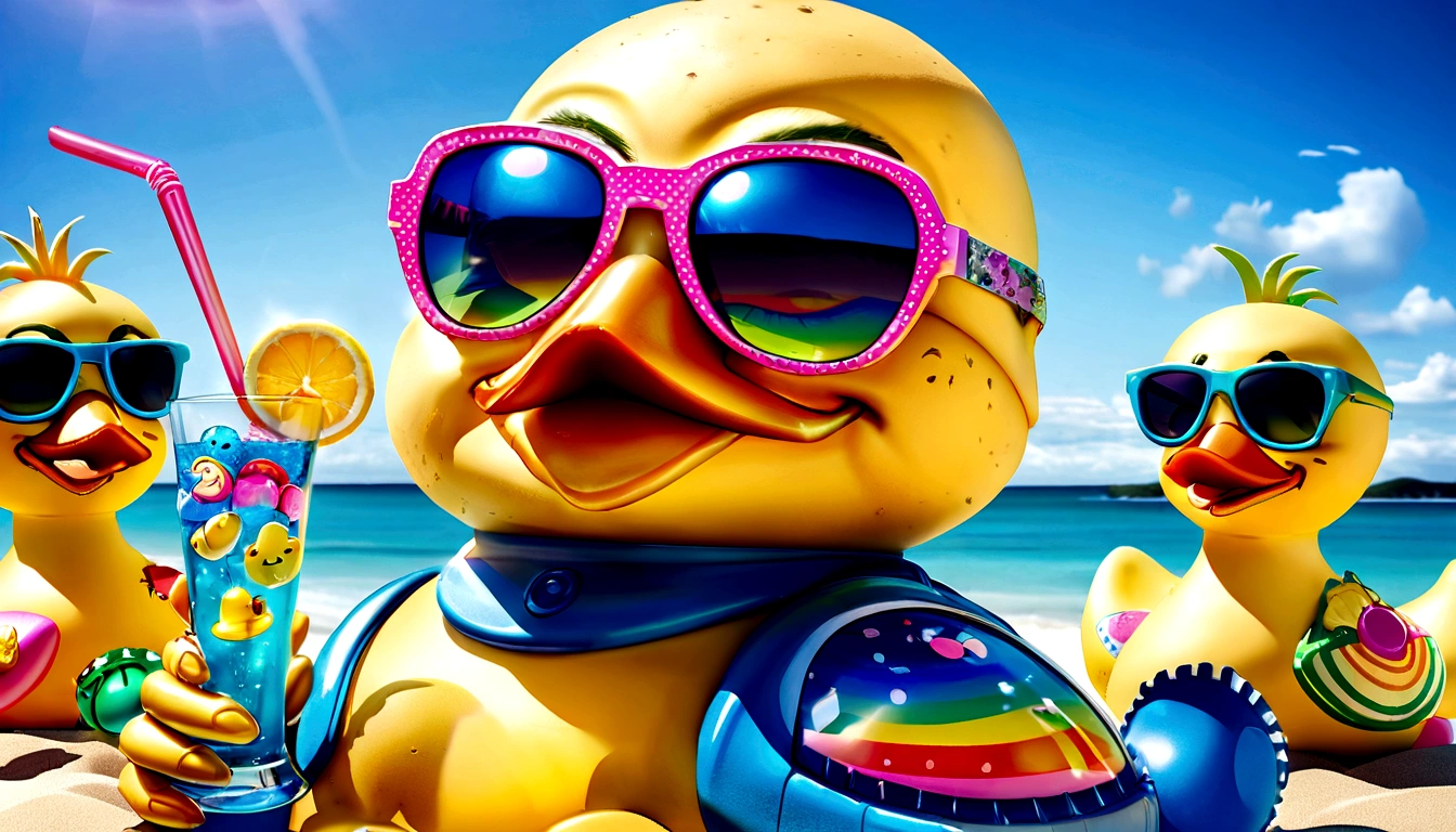 yellow rubber patos with sunglasses and a drink on a beach, lisa - franca, limão usando óculos escuros, okuda Sam Miguel, rubber pato 5, estilo Jul macho, rubber patoy, by Okuda Gensō, Assunto= pato, okuda, kathy zypato, robot shaped like a rubber pato, retrato de Lisa Frank, the macho pato