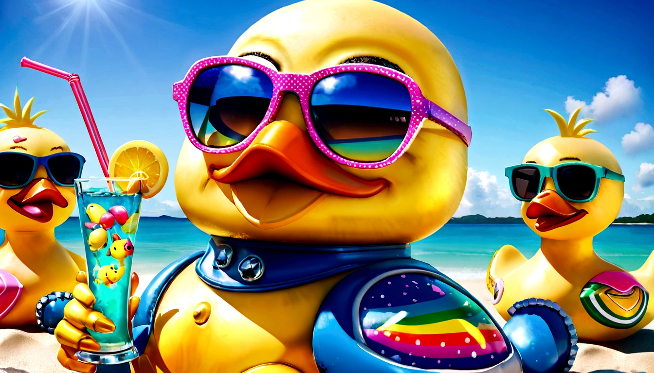 yellow rubber patos with sunglasses and a drink on a beach, lisa - franca, limão usando óculos escuros, okuda Sam Miguel, rubber pato 5, estilo Jul macho, rubber patoy, by Okuda Gensō, Assunto= pato, okuda, kathy zypato, robot shaped like a rubber pato, retrato de Lisa Frank, the macho pato