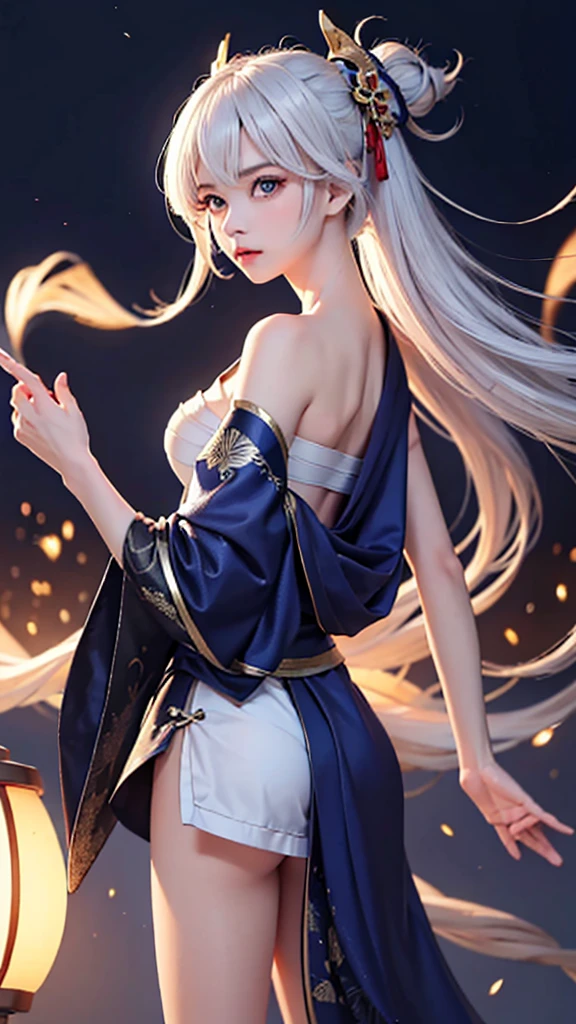 (masterpiece, best quality, dutch angle)(1girl, solo)(white hair,Lapis Lazuli Eyes,Straight long hair)(sarashi,japanese clothes,one shoulder、Wear one kimono:1.4、Black long kimono、One shoulder exposed)(Serious expression, Woman holding a sword:1.3、floating hair)(Japan Mansion、Mystical Night、Particles of light float around the woman、Fantastic atmosphere)from behind
