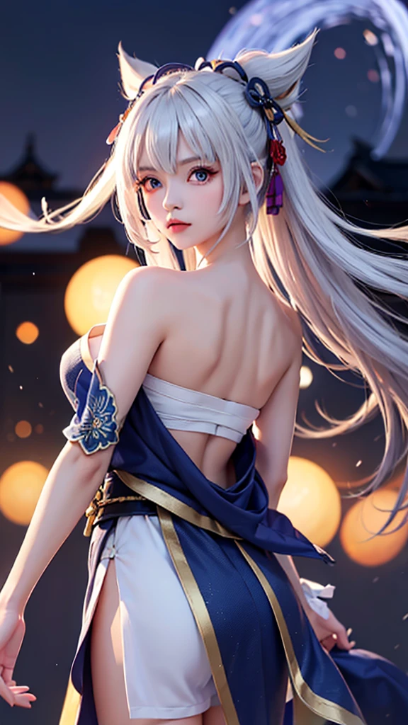 (masterpiece, best quality, dutch angle)(1girl, solo)(white hair,Lapis Lazuli Eyes,Straight long hair)(sarashi,japanese clothes,one shoulder、Wear one kimono:1.4、Black long kimono、One shoulder exposed)(Serious expression, Woman holding a sword:1.3、floating hair)(Japan Mansion、Mystical Night、Particles of light float around the woman、Fantastic atmosphere)from behind
