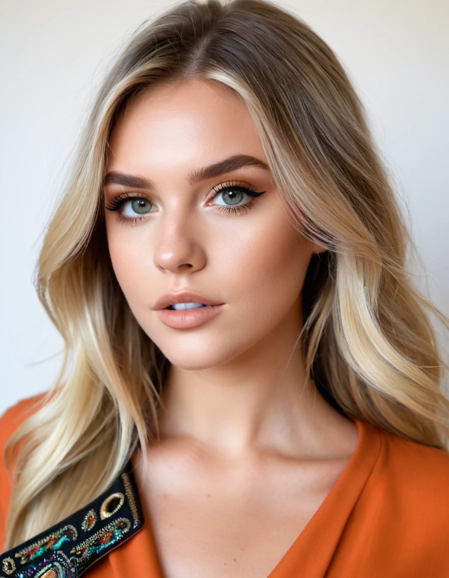 (meilleure qualité,4K,haute résolution, haute résolution face details), cheveux blonds longs et raides, 18 ans, modèle instagram, faux sein 36DD, faux cils, fausses lèvres, maquillage sombre, peau parfaite, bronzage de la peau, elle est mince, Elle est caucasienne, elle est entièrement nue, y, talons hauts, fine chaîne en or, dans la nature, près d'un lac, en Utah, énorme faux sein 36DD, posant, Sexvibrations sensuelles