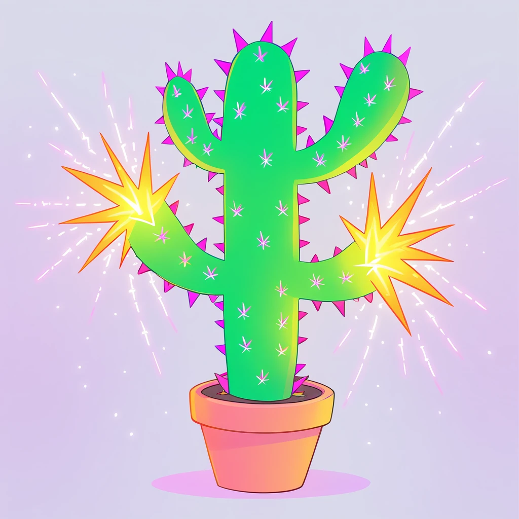 cactus with rainbow sparks in animal art style