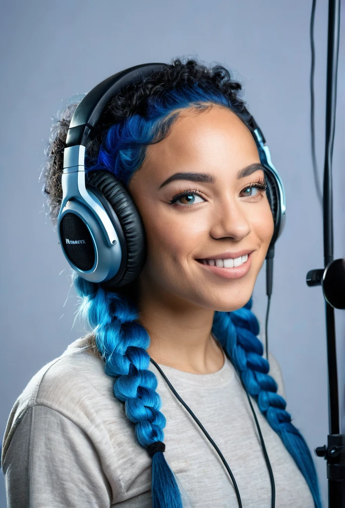 Smiling beautiful biracial woman, recording studio, black headphones, microphone, blue hair, blue eyes, 8k, portrait, masterpiece, ultra-detailed, cinematic lighting, dramatic colors, warm tones, dynamic pose, looking at camera, focused expression