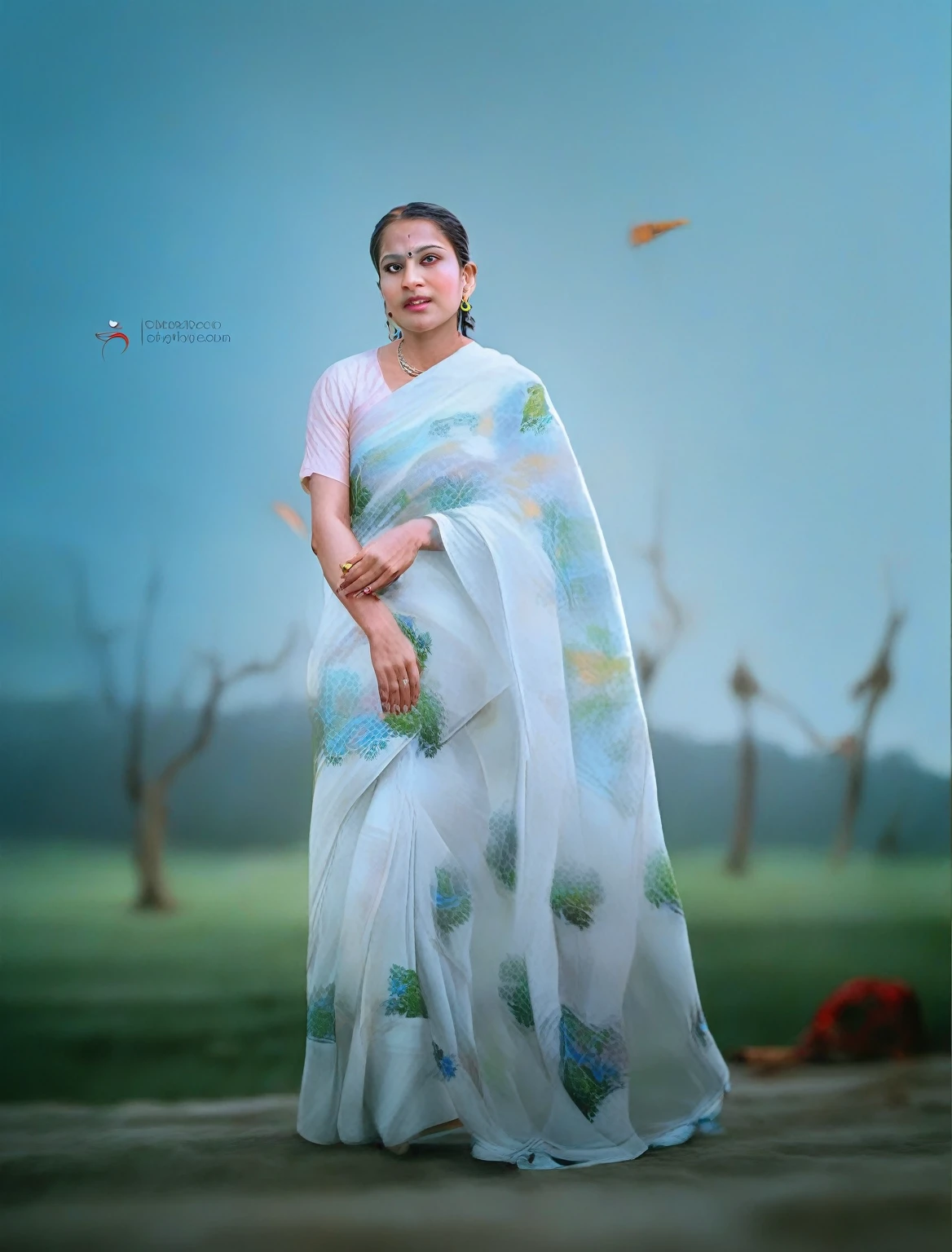 arafed woman in a white sari standing in a field, movie stills photography, inspired by T. K. Padmini, with lovely look, traditional beauty, modeling photography, candid photography, with kerala motifs, hyper realistic background, very beautiful enga style, * colour splash *, a beautiful woman in white, matte painting portrait shot, [ realistic photography ]
