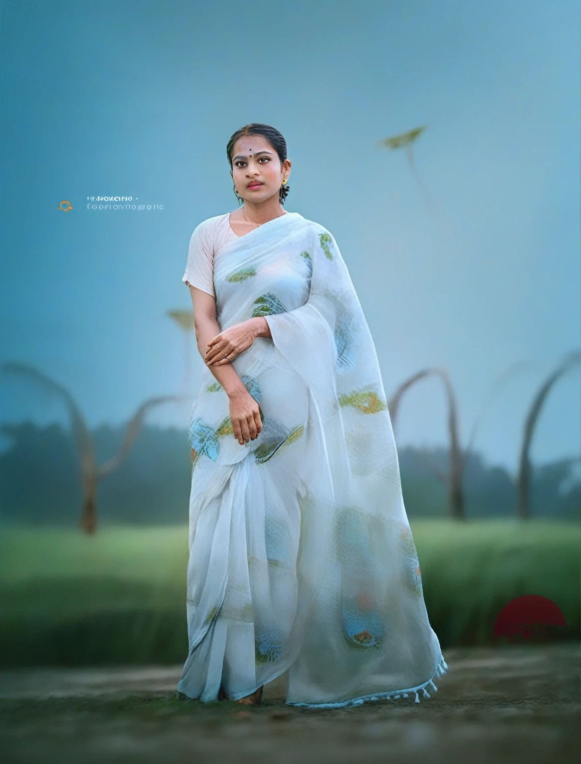 arafed woman in a white sari standing in a field, movie stills photography, inspired by T. K. Padmini, with lovely look, traditional beauty, modeling photography, candid photography, with kerala motifs, hyper realistic background, very beautiful enga style, * colour splash *, a beautiful woman in white, matte painting portrait shot, [ realistic photography ]