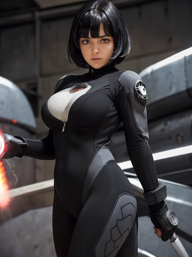 (bangs:1.3), (new heat core   :1.5), (mixed black hair :1.4),(perfect skin girl:1.4),(beautiful hair1.3),(big boobs:1.3) 
(black carbon suits:1.3),(neatly groomed short hair :1.4),(cute eyes:1.5),(strike impact:1.5)