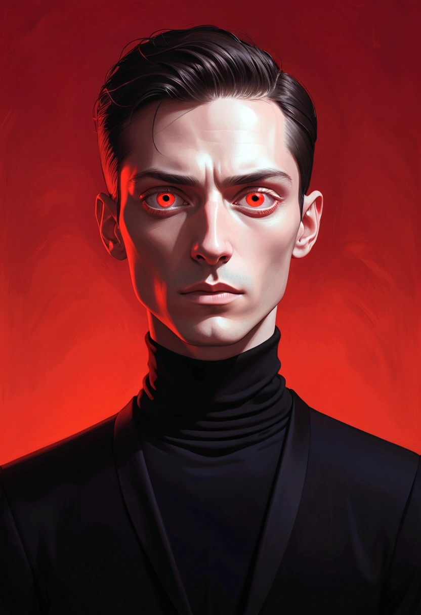 A surreal portrait of a minimalistic man with two white glowing eyes and long thin eyelashes, wearing a black turtleneck and posing in front of a red background,