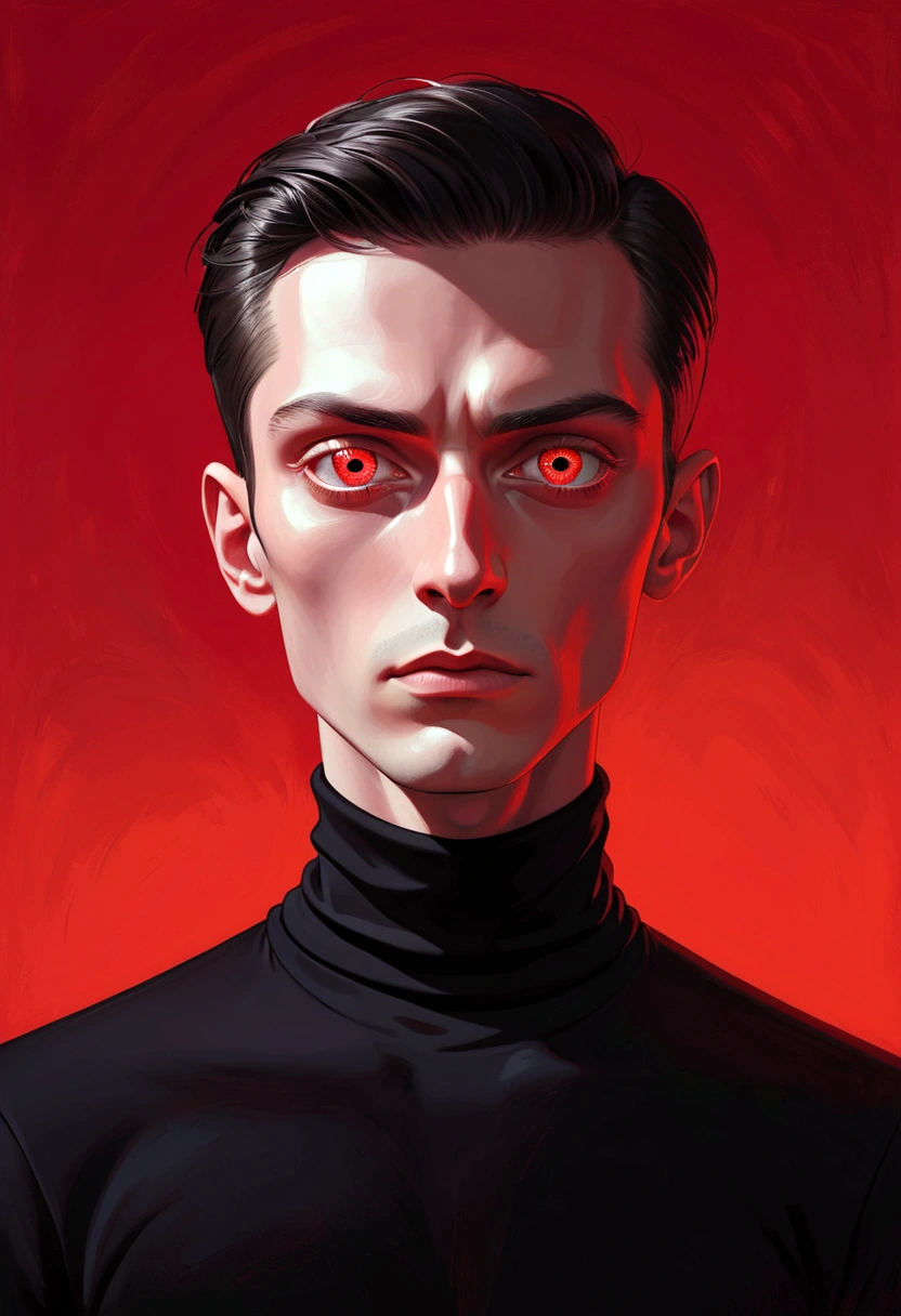 A surreal portrait of a minimalistic man with two white glowing eyes and long thin eyelashes, wearing a black turtleneck and posing in front of a red background,