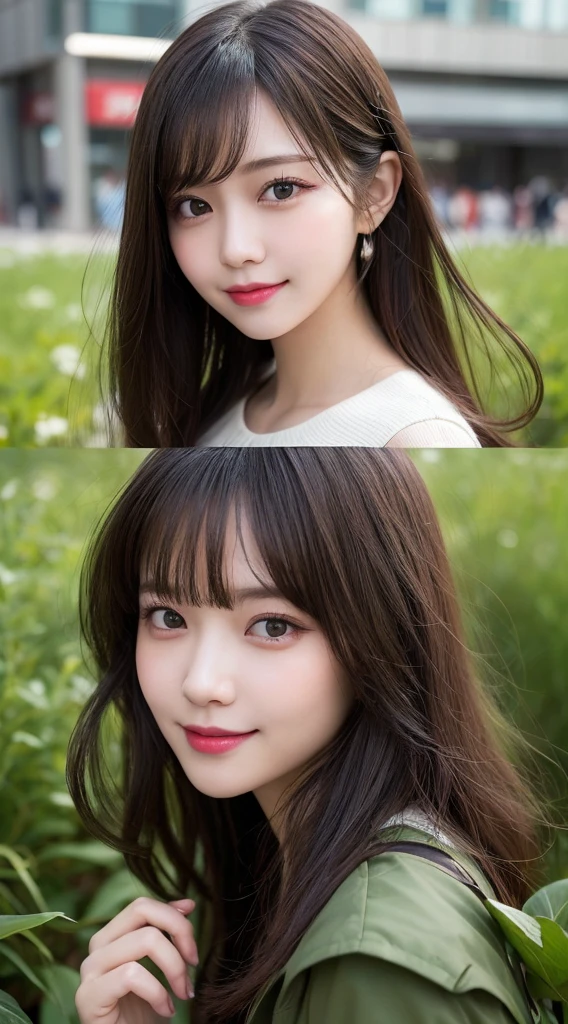 Tabletop, Highest quality, shape, Very detailed, finely, High resolution, 8k wallpaper, 完璧なダイナミックな構shape, Beautiful and exquisite,ランダムなcute髪,,Natural color lip, Bold sexy pose,smile、20-year-old girl、cute、Looking into the camera,Always blur the background,Perfect and beautiful face,Slim face and figure,Big eyes、Putting on gal makeup,Small face,Shooting from below、smile,Blurred Background,Elegant feminine face、Cyberpunk Fashion、smile、Change pose randomly、Randomly change the shooting angle and position、Flower Field、Cyberpunk Fashion,Normal anatomy