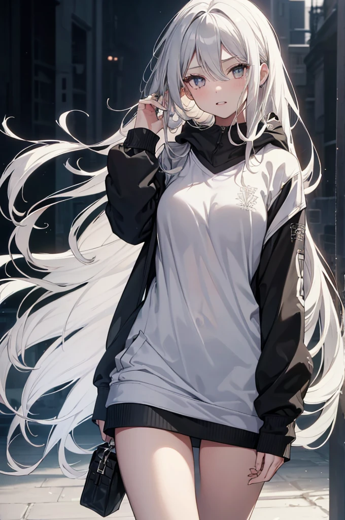 1girl, {Solitary}, Upper Body ,{{ {Watching at viewer}}}, Arms at your sides, Concept Art, white Background, simple Background, White hair, Silver gradient hair , Composite cloth, Asymmetrical clothes, Virtual YouTuber, best quality, masterpiece, Dynamic Angle, , cowboy_shooting, Watching_Back, grab, girl,Miss,woman, young,20 years old, Very long hair, Hair Flip, Silver Hair, Flowing hair, Ahog, giggle, Beautiful and delicate golden eyes, teeth, Large Breasts, Blonde eyes, White skin, hoodie, Black_shorts, Gray clothes, transparent_Background, Backlighting, absurd, high resolution, Extremely detailed,sweater,No pants