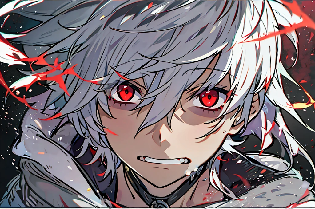 High resolution,close range、Anime boy with white hair and red eyes looking into the camera, Glowing red eyes,slim, Wearing black clothing,Shadow Body,Brown Skin、Monochrome,My hair is messy,impatient、surprised、Diagonal angle