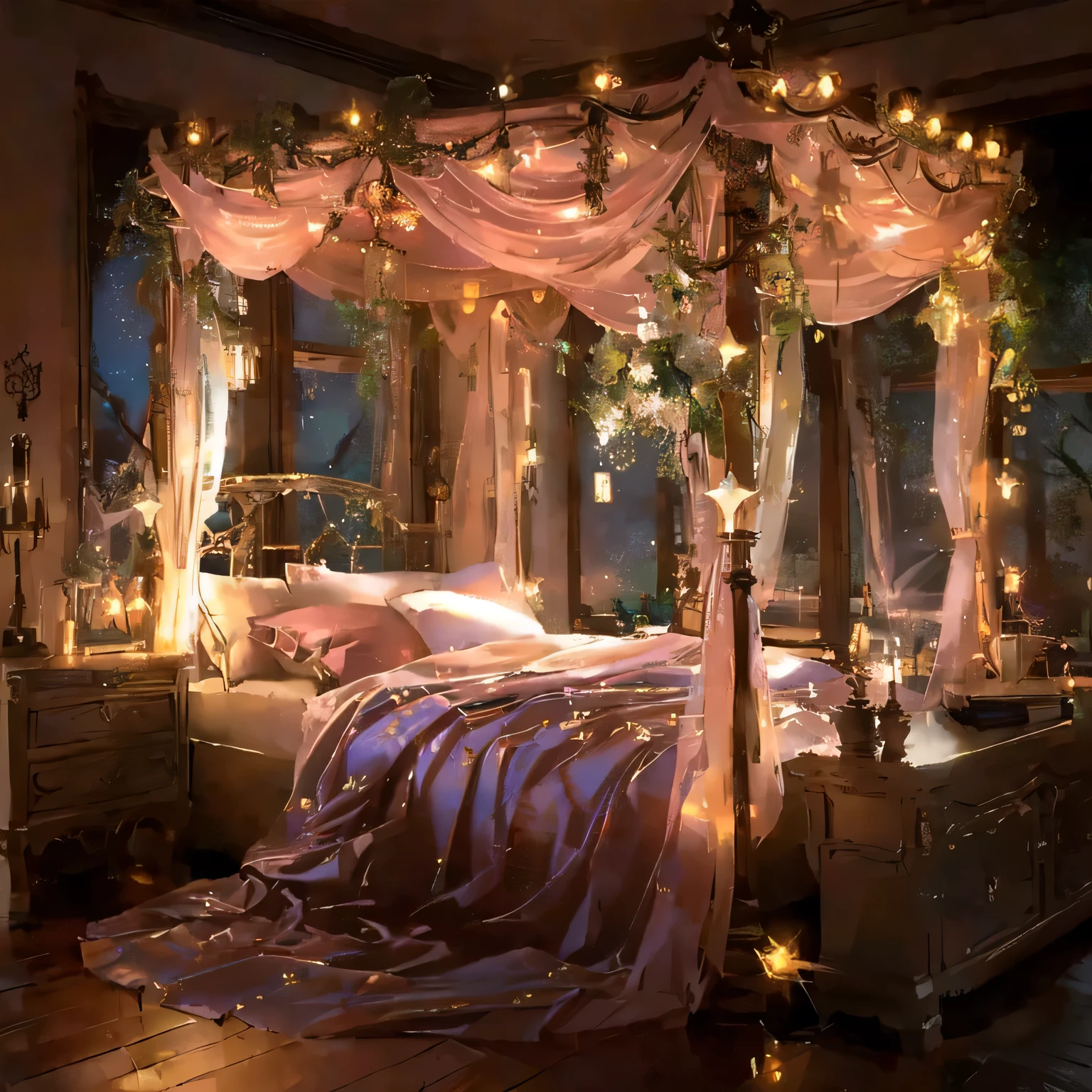 Close-up of a bed with a canopy and lights, So magical and dreamy, Dreamy and romantic, beautiful Dreamy lighting, Pleasant lighting, Dreamy lighting, Dreamy details, Dreamy atmosphere and drama, A pleasant and enchanting scene, A dreamlike night, Pleasant lighting, Dreamy atmosphere, Dreamy aesthetics, Fairy Lights, Cozy atmosphere, A dreamy and fantastical atmosphere, Comfortable bed, Dream lighting