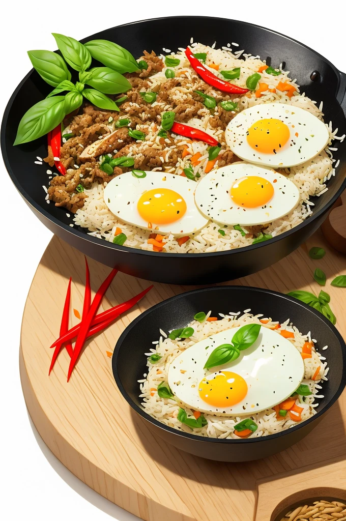  illustrations Woodcut style
Stir-fried rice with basil, minced pork and fried egg
1. Prepare the ingredients: garlic, bird's eye chilli, basil leaves and steamed rice.