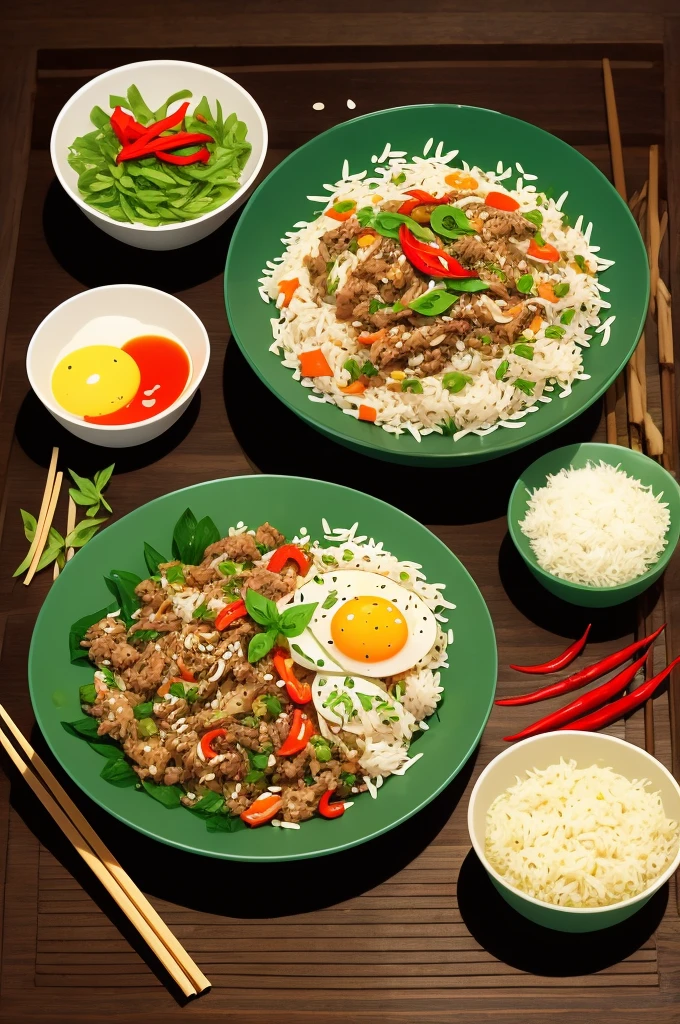  illustrations Woodcut style
Stir-fried rice with basil, minced pork and fried egg
1. Prepare the ingredients: garlic, bird's eye chilli, basil leaves and steamed rice.