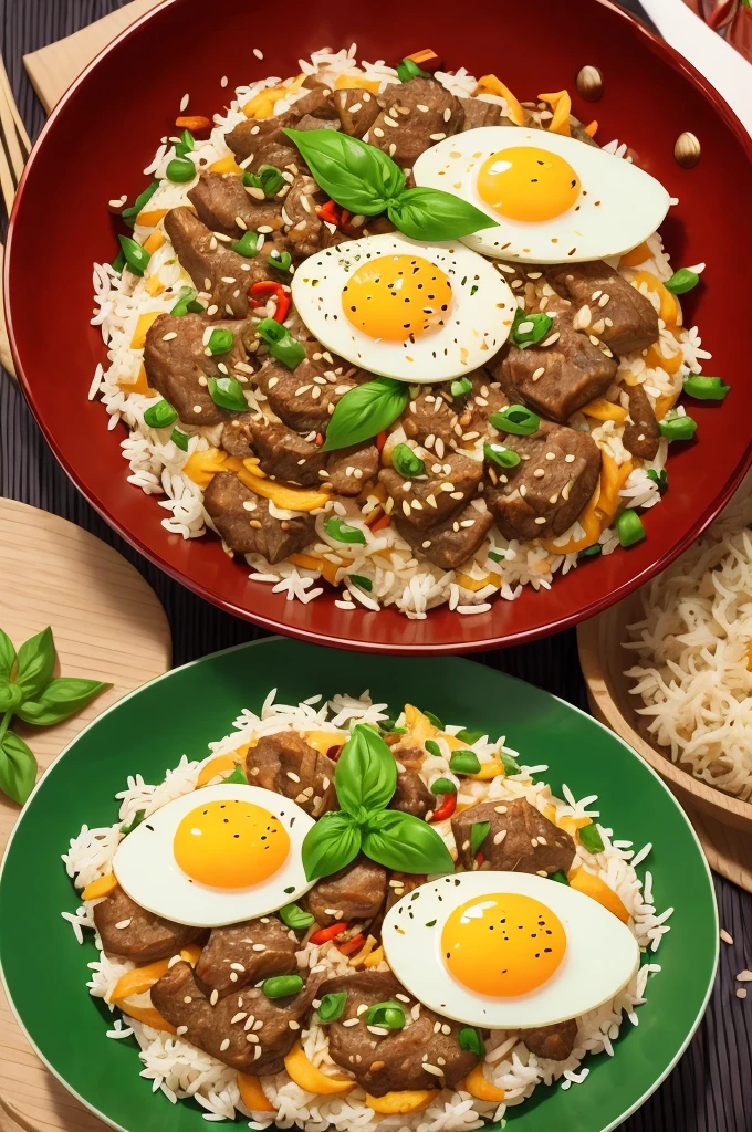  illustrations Woodcut style
Stir-fried rice with basil, minced pork and fried egg
1. Prepare the ingredients: garlic, bird's eye chilli, basil leaves and steamed rice.