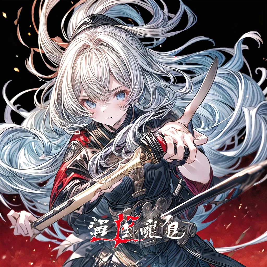 One girl、Dynamic configuration、[17277fbe68],threatened hideo、high quality、Maximum details、(((最high quality、最高masterpiece、Official Art、最高のDynamic configuration)))、(Thin Hair)、(Tabletop, 最high quality), Very detailed, Anime Style, Concept Art、whole body, (masterpiece), 最high quality, Fantasy art,whole body、masterpiece、最high quality、(colorful)、（Beautifully detailed eyes and face）、Cinema Lighting、Extremely detailed CG、Super huge、whole body、wallpaper、Uniforms with weapons in Wonderland, (((Everybody wears black and red ))), sheath, knife, 美しい彫刻がほどこされた日本knife, knife, 黒いknife,weapons,Barren Land、White Background、inflammation、inflammationにつつまれたknife、