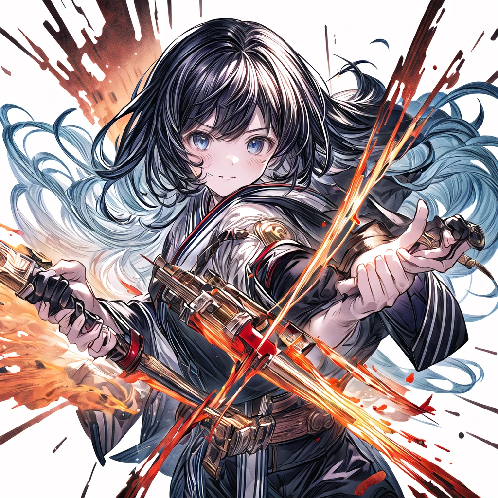 One girl、Dynamic configuration、[17277fbe68],threatened hideo、high quality、Maximum details、(((最high quality、最高masterpiece、Official Art、最高のDynamic configuration)))、(Thin Hair)、(Tabletop, 最high quality), Very detailed, Anime Style, Concept Art、whole body, (masterpiece), 最high quality, Fantasy art,whole body、masterpiece、最high quality、(colorful)、（Beautifully detailed eyes and face）、Cinema Lighting、Extremely detailed CG、Super huge、whole body、wallpaper、Uniforms with weapons in Wonderland, (((Everybody wears black and red ))), sheath, knife, 美しい彫刻がほどこされた日本knife, knife, 黒いknife,weapons,Barren Land、White Background、inflammation、inflammationにつつまれたknife、