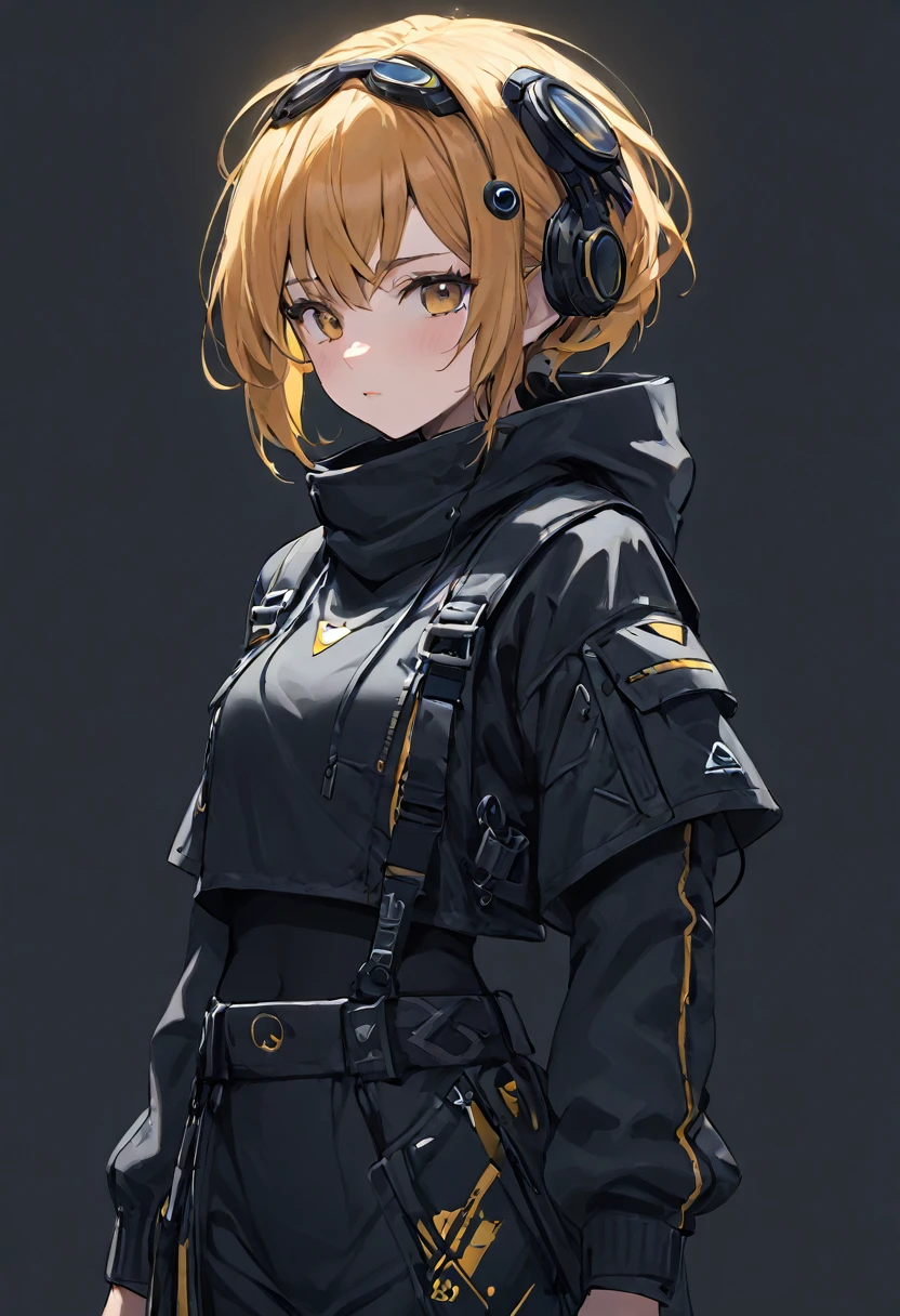 Techwear, girl, close up, dark background ,solarpunk , awesome costume , vavor costume, randome pose