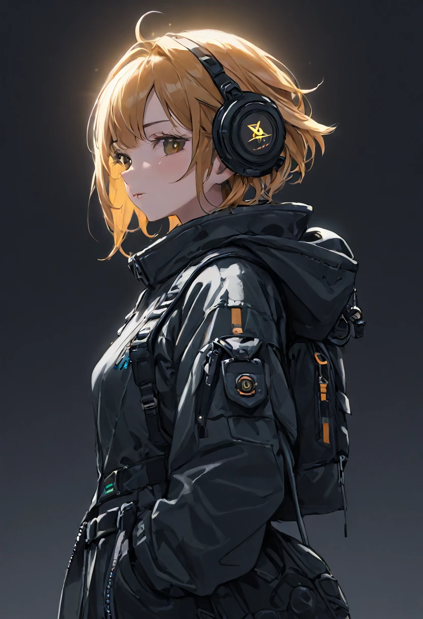 Techwear, girl, close up, dark background ,solarpunk , awesome costume , vavor costume, randome pose