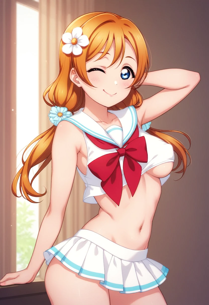 Honoka kousaka love live, cowboy shot, blue eyes, orange hair,hair flower, solo, sailor top, sleeveless, breasts, micro skirt, perfect eyes, Perfect iris，Perfect skin，Soft front light，indoors；（pastel colour:1.2),(lipstick:0.8) ,sexy pose,wink, standing, mommy,low twintails, curvy thicc body , Long hair , one breast out 