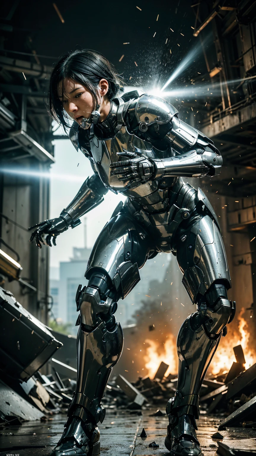 Textured skin, Very detailed, Attention to detail, high quality, 最high quality, High resolution, 1080P, hard disk, beautiful,(War Machine),beautifulサイボーグ女性,Mecha Cyborg Girl,Battle Mode,Girl with a mechanical body Black Hair Short Hair Boyish Dark green armor Sweaty and wet face (Being slammed into a wall)(Headgear breaks and flies off) (Debris flying away)Steam coming from the head Steam coming out of the whole body Painful expression Please open your mouth wide Snug-fitting headgear Black Inner Suit Full body portrait Gas mask with a long nozzle(front)