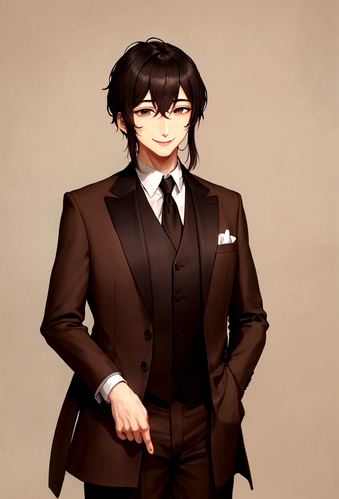 Background Don't、Height 175cm、male、Weight 60kg、Thin body、The brown paper is long and straight.、In a suit、Long, narrow eyes and a straight nose、Thin lips、Smile at Nihil