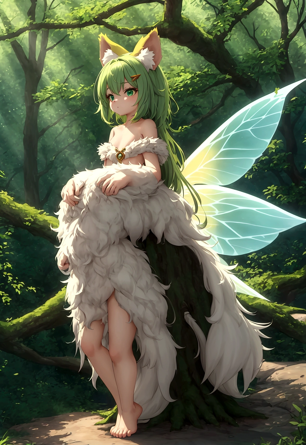 Highest quality, masterpiece, Ultra-high resolution, whole, Fluffy fur, tail, limbs are short , Detailed hands, Detailed feet, Detailed fingers, Fairy, Anime Style, The hair tips are light green, Small enough to sit on an adult's shoulders, Sunlight filtering through the trees, Fantasy, in the forest, on the stump, Are standing, looking at the camera, Hairy, small耳, Mascot character, animal, small