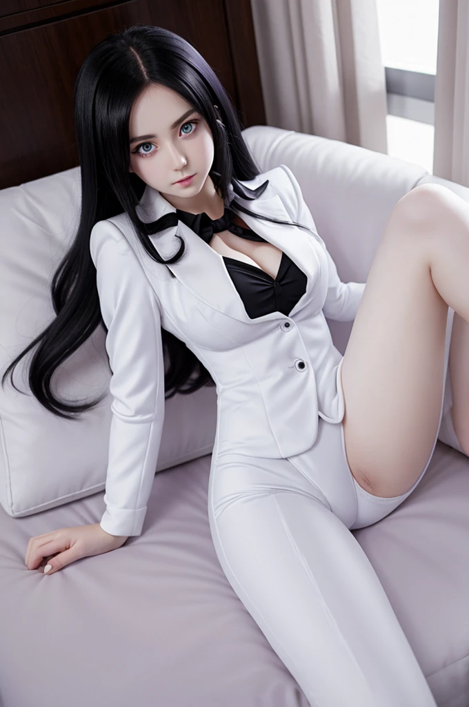 an anime style girl, pale skin, big eyes with purple pupils, long black hair, voluptuous body, wears a tight white suit, his legs stick out of his suit.