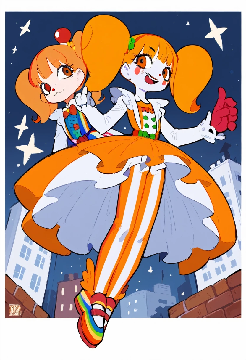 NSFW,(Highest quality:1.3), (Top performance:1.2), (Best illustrations:1.2),whole body,Full Art,Half Ring,One Girl,Orange Hair,Orange Eyes,Long twin tails,acrobat,Orange and white striped clown suit,Clown Shoes,Black Masquerade,Orange clown hair ornament,Brick-style city area,Nori ball,