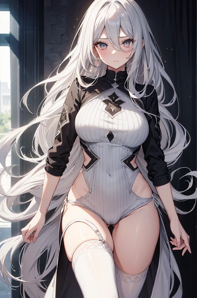 1girl, {Solitary}, Upper Body ,{{ {Watching at viewer}}}, Arms at your sides, Concept Art, white Background, simple Background, White hair, Silver gradient hair , Composite cloth, Virtual YouTuber, best quality, masterpiece, Dynamic Angle, Watching_Back, grab, girl,Miss,woman, young,20 years old, Very long hair, Hair Flip, Silver Hair, Flowing hair, Ahog, giggle, Beautiful and delicate golden eyes, teeth, Large Breasts, Blonde eyes, White skin,, Black_shorts, Gray clothes, transparent_Background, Backlighting, absurd, high resolution, Extremely detailed,sweater,No pants,Nice thigh root