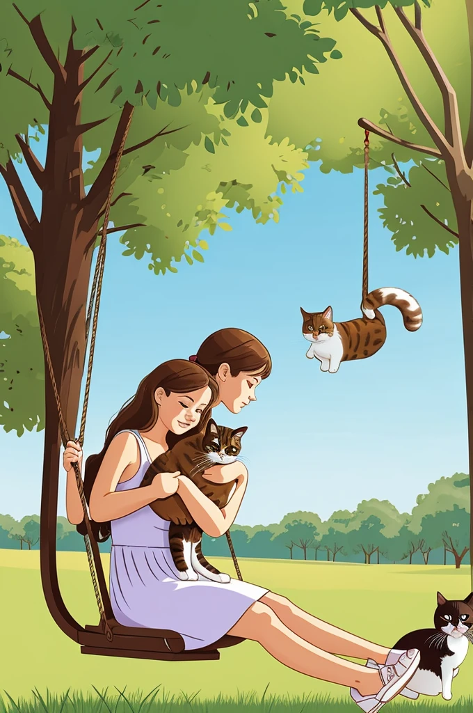 Create an illustration of a girl with a cat in her arms riding on a swing