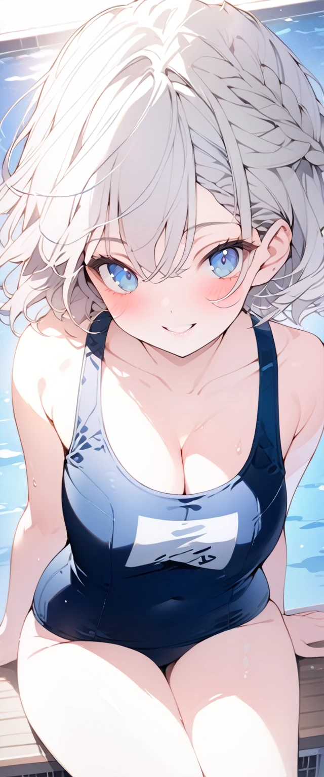 beautiful, masterpiece, Highest quality, anime, One girl,Portrait Shot, View your viewers, Covered、Short Hair、nearby、Blue Eyes、art、White hair,black streaked hair、Thighs、Braid、Bright、smile、Cleavage、 Old school swimsuit、Poolside、Diving board、Sit down